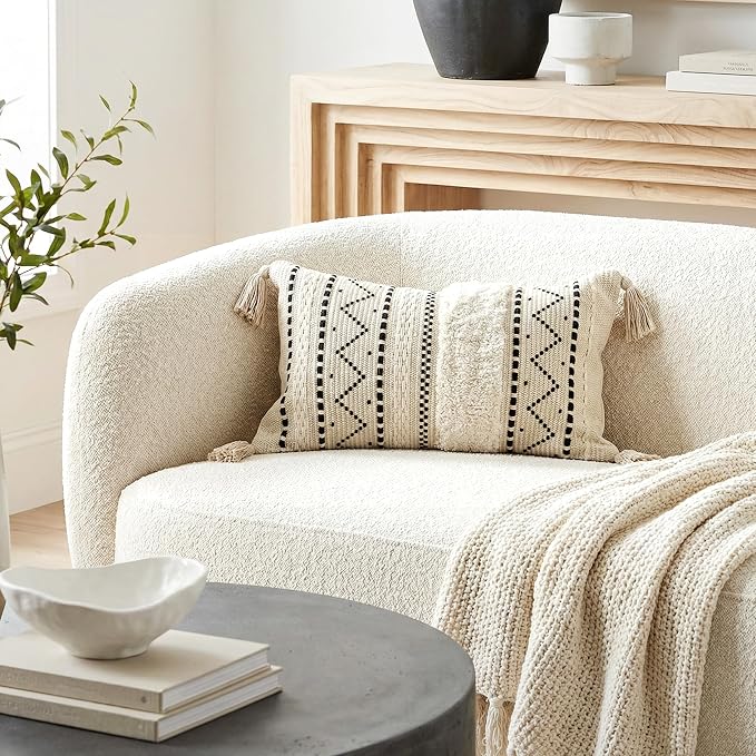 BlissBlush 12x20 Lumbar Pillow Cover, Cream Neutral Rectangular Decorative Cushion Cover with Black Pattern, Cotton Boho Accent Pillowcase with Tassels for Couch Sofa Living Room (Cover Only)