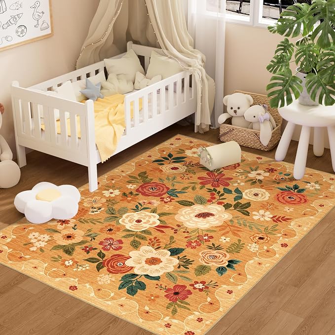 DUKINO 3x5 Area Rug, Floral Washable Rug for Bedroom Non Slip, Orange | Soft, Stain Resistant Low Pile Indoor Rug for Entryway, Bedroom, Bathroom, Living Room, Pet Friendly, Home Decor, Lightweight