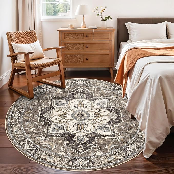RUUGME Ultra-Thin Washable Round Rug - 6ft Large Dining Room Round Area Rug Vintage Stain Resistant Carpet for Living Room Bedroom Non-Slip Backing Soft Low Pile Floor Mat for Nursery(Beige,6'Round)