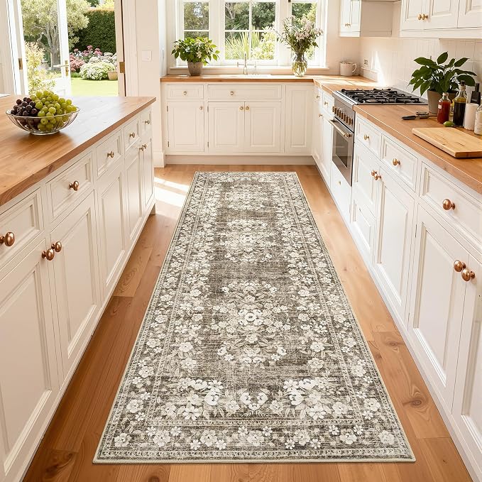 GarveeHome Floral Runner Rug 2x6 for Bedroom Vintage Throw Floor Cover | Washable Boho Flower Bordered Rugs Non-Slip Low Pile Botanical Hallway Accent Mats Floral Rug for Kitchen Entryway Brown