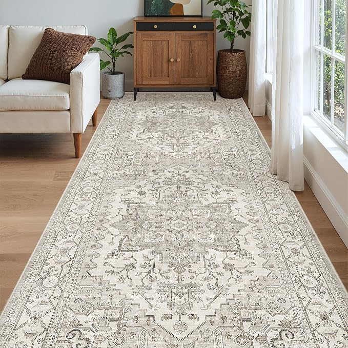 Madane 4x10 Wide Hallway Runner Rug Washable for Living Room, Beige/Brown | Soft Stain Resistant Ktichen Runners 10ft, Vintage Non Slip Low Pile Area Rugs, Thin Floor Carpet for Bathroom Dining Bedroom