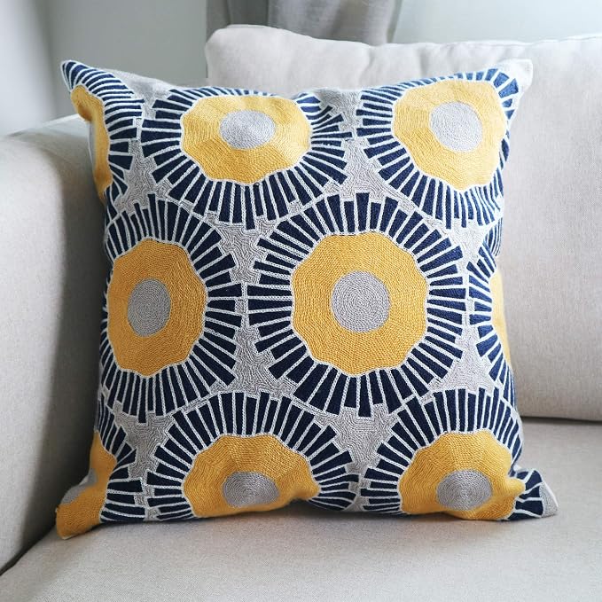 Embroidery Throw Pillow Covers 18x18 Home Decor Floor Pillow Cover for Couch Sofa Bed Room Chair 100% Cotton Cushion Cover Pillowcase 45x45cm Yellow Sunflowers Embroidered, 1 Piece
