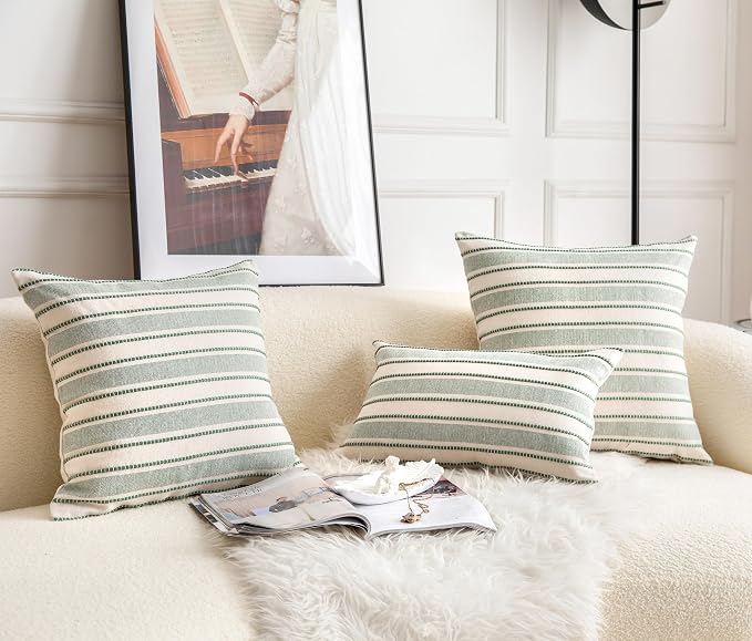 Cethom Decorative Boho Lumbar Throw Pillow Covers, Farmhouse Textured Pillow Case, 12 x 20 Inch Set of 2, Chair Sofa Bedroom Living Room Home Decor Couch Cushion Case, Green and Beige