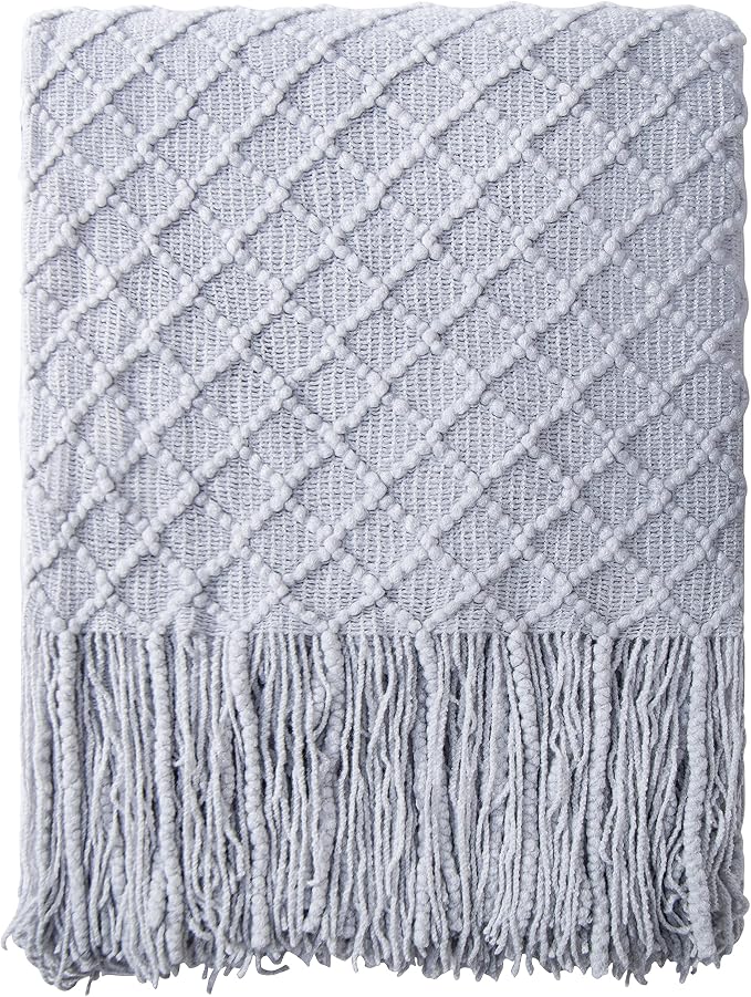 NTBAY Acrylic Knit Throw Blanket, 51 x 67, Light Grey Checkered | Lightweight Acrylic Wave-Knit Throw with 7 Inch Tassels for Sofa, Bed, Reading, Travel, and Decorative Layering