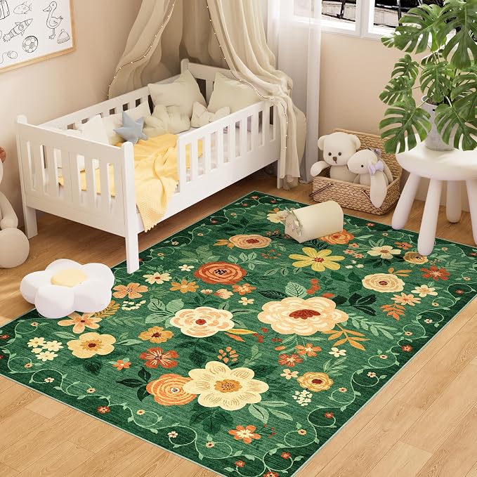 DUKINO 3x5 Area Rug, Floral Washable Rug for Bedroom Non Slip, Dark Green | Soft, Stain Resistant Low Pile Indoor Rug for Entryway, Bedroom, Bathroom, Living Room, Pet Friendly, Home Decor, Lightweight