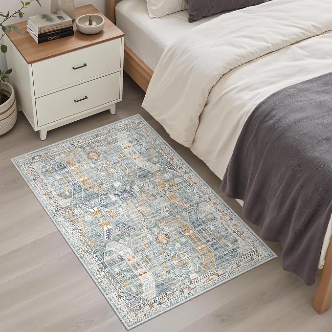 Madane Washable Area Rug 2x3 Small Entryway Rugs Non-Slip, Blue/Gold | Vintage Stain-Resistant Door Mat Indoor Entrance, Low Pile Floor Carpet for Inside Front Bedroom Kitchen Entry Laundry, Stair