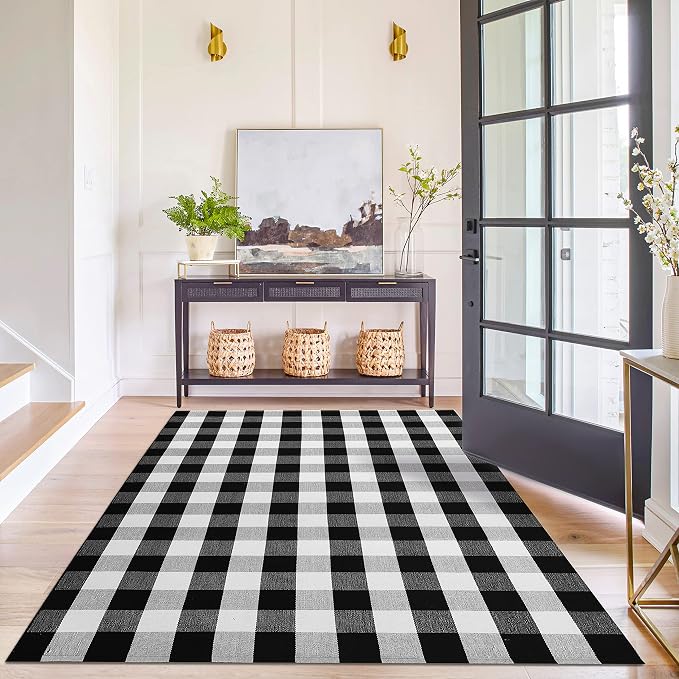 KILOCOCO Buffalo Plaid Checkered Rug 5x7 ft Black White Living Room Rug | Machine Washable Rug for Front Porch, Indoor Outdoor Rugs, Cotton Dining Room Carpet, Low Pile Farmhouse Bedroom Rug