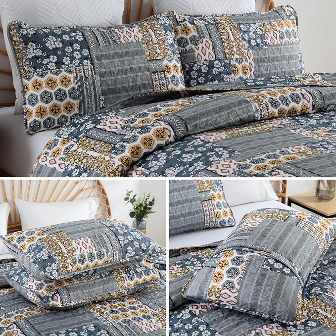 Mybedsoul Boho Quilt King Size, Patchwork Floral Bedding Set, Dark Grey | Soft Lightweight Microfiber Coverlet Set, 3 Pieces Reversible Plaid Bedspread, Bed Sets for All Seasons 90"x110"
