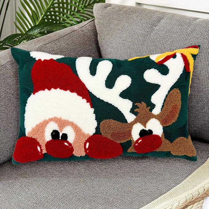 Alysheer Christmas Green Embroidered Lumbar Decorative Throw Pillow Cover 12x20, Santa Deer Tufted Embroidery Cotton Cushion Case for Sofa Couch Bed Living Room Holiday Decor Gift