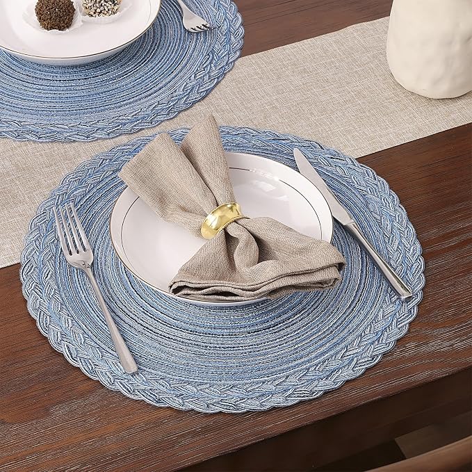 SHACOS Round Placemats Set of 6 Woven Kitchen Table Mats 15 inch Circle Braided Border Washable Cotton Polyester Place Mats, Multicolor Blue Grey