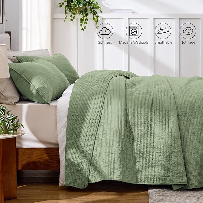 Love's cabin King Size Cotton Quilt Set, 100% Cotton Fabric Striped Textured Coverlet with Crinkled Look, Lightweight Quilted Bedspread for All Season, Includes 2 Pillow Shams, Sage Green