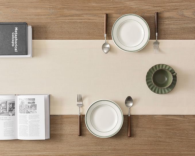 ZeeMart Linen Textured Border Table Runner, 14 x 60 Inch Cream | Mitered Corner Design, Medium Weight Fabric, Modern Farmhouse Style, Machine Washable Easy Care Everyday Table Scarf