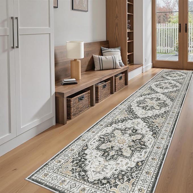Madane Washable Runner Rugs 2x10 Long for Hallway Kitchen, Black | Non-Slip Low-Pile 10ft Rug Runners Soft, Stain-Resistant Floor Carpet Mat for Entrance, Living Dining Laundry Room, Stair