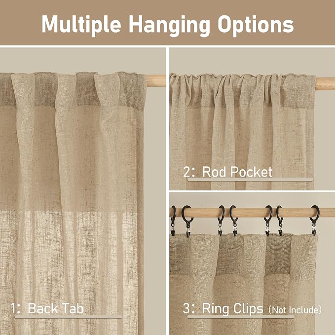 Brown Linen Window Curtains 30 Inches Long 2 Panels 34 x 30 Inch | Semi Sheer, Light Filtering Panels, Privacy, Rod Pocket Back Tab, Neutral Drapes for Basement, Small Windows, Kitchen, Cafe