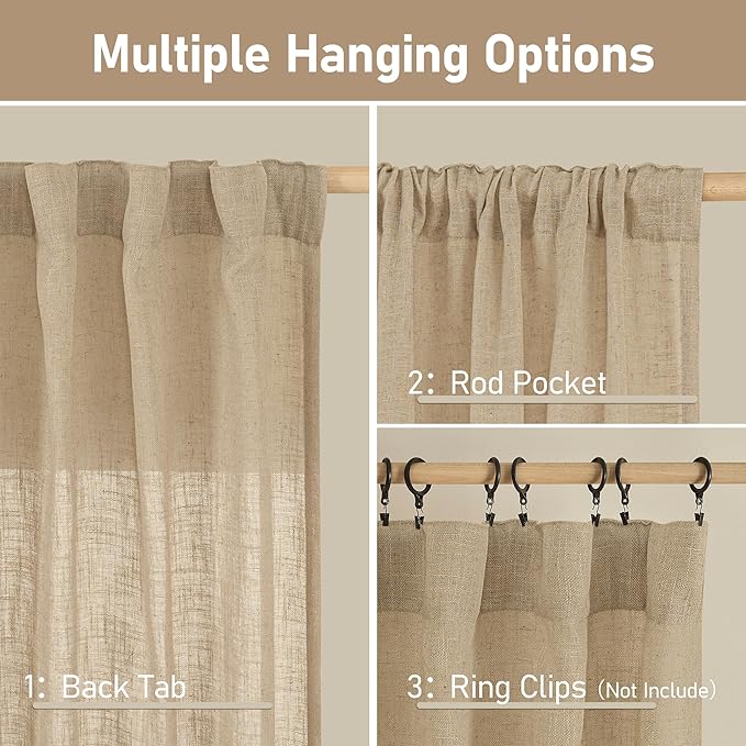 Linen Curtains 60 Inch Length 2 Panels, Light Filtering Sheer Panels | Semi Sheer Panels, Neutral Drapes for Bedroom, Living Room, Window Treatment, Rod Pocket Back Tab, Brown, 34 x 60 Inch