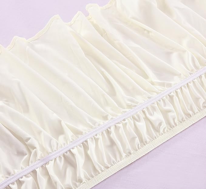 MEILA Wrap Around Elastic Bed Skirt for Twin & Full Beds, 18" Drop, Ivory | Three-Side Adjustable Elastic Dust Ruffle, Ruffled Polyester Fabric, Easy to Install, Fade Resistant & Machine Washable