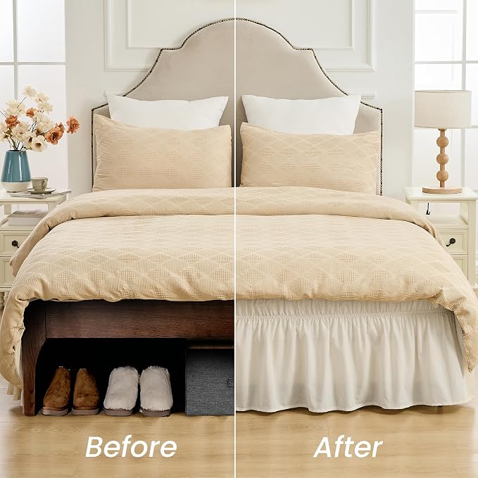 BISELINA Wrap Around Bed Skirts 17" Drop, Cotton Adjustable Elastic Dust Ruffles Easy Fit Wrinkle & Fade Resistant Soft Cozy Elegant Luxurious Bedding - White, Queen Size