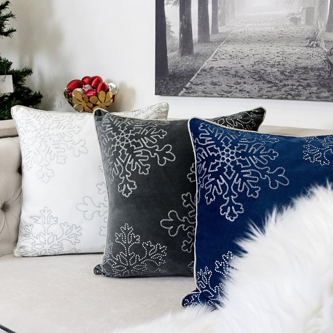 Embroidery Gray Velvet Throw Pillow Cover, Merry Christmas Series Snowflake Luxury Soft Fuzzy Cozy Warm Slik Gift Square Couch Cushion Pillow Case 20 x 20 Inch, Cover Only