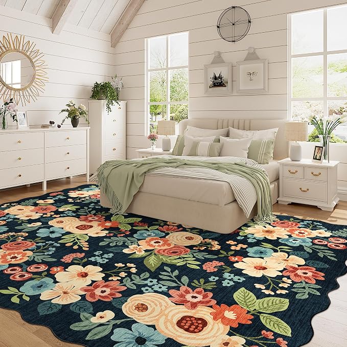 DUKINO 8x10 Area Rug for Living Room, Soft Floral Washable Rug, Navy Blue | Soft, Low Pile, Stain Resistant Throw Large Rug for Bedroom, Dining Room, Nursery, Kids Playroom, Pet Friendly, Home Decor