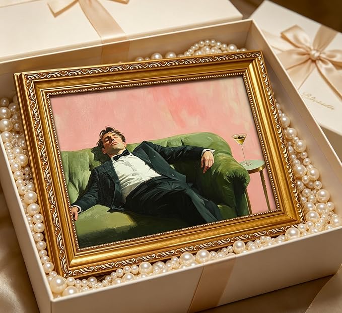 Vintage Gold Framed Bar Wall Art, Victorian Woman and Man on Couch with Martini Oil Painting Canvas Prints, Eclectic Cocktail Picture, Trendy Bar Cart Decor Poster Artwork for Kitchen Dining Room