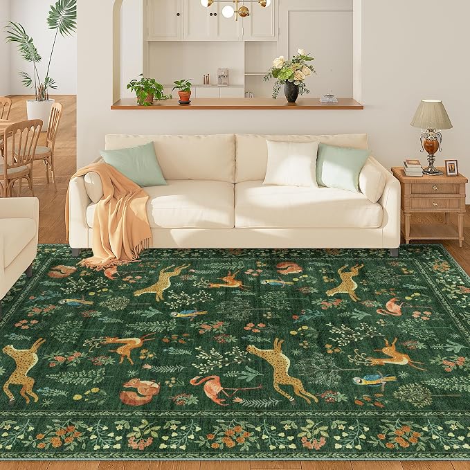 DUKINO 5x7 Area Rugs, Washable Animal Rug for Living Room Non Slip, Green | Low Pile, Soft Indoor Carpet for Bedroom, Kids Room, Dining Room, Pet Friendly, Farmhouse, Stain Resistant, Non-Shedding