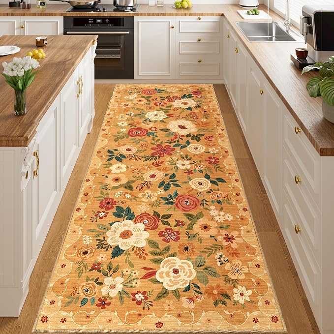 DUKINO 3x8 Kitchen Runner Rug, Washable Rug for Hallway Non Slip, Orange | Soft, Low Pile, Floral Indoor Carpet Runner for Hallway, Entryway, Bedroom, Bathroom, Laundry, Pet Friendly, Home Decor