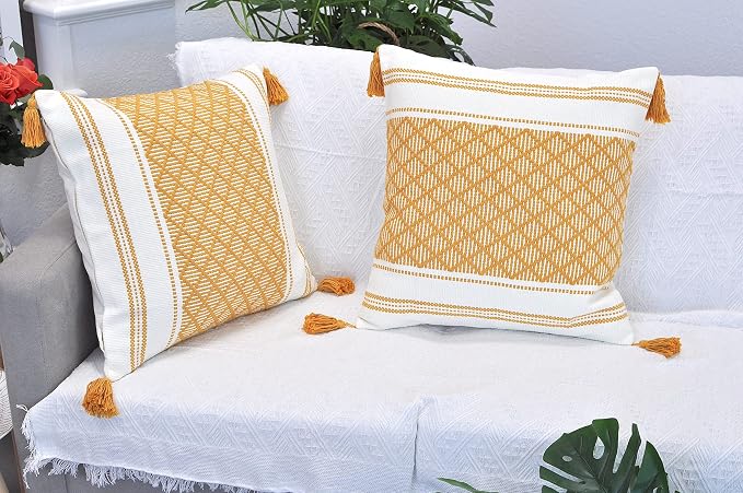 Decorative Boho Throw Pillow Covers with Tassels Mustard Yellow 16x16 inches Set of 2 / Cute Square Pillow Covers for Couch Sofa/Farmhouse Woven Pillow Cases/Modern Accent Cushion Covers