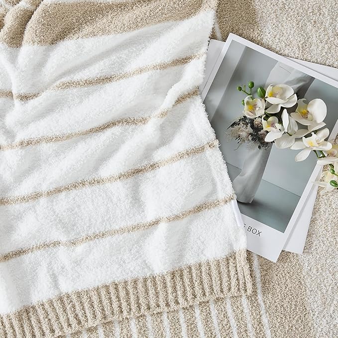 Soft Striped Throw Blanket for Couch, Cozy Warm Knitted Blankets | Lightweight Fuzzy Travel Warm Decor for Women, Mom, Girls, Sofa, Chair, 50x60in, Taupe White