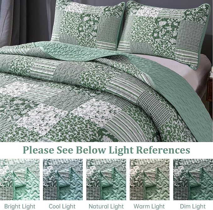 Mybedsoul Boho Quilt King Size, Patchwork Floral Bedding Set, Green | Soft Lightweight Microfiber Coverlet Set, 3 Pieces Plaid Reversible Bedspread, Bed Sets for All Seasons 90"x110"