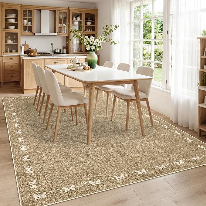 COZYLOOM 8x10 Bow Printed Rug for Bedroom, Large Solid Color Living Room Rug with Non Slip Backing, Stain Resistant Non Shedding Rugs Low Pile Modern Farmhouse Carpet for Bedroom, Dining Room, Brown