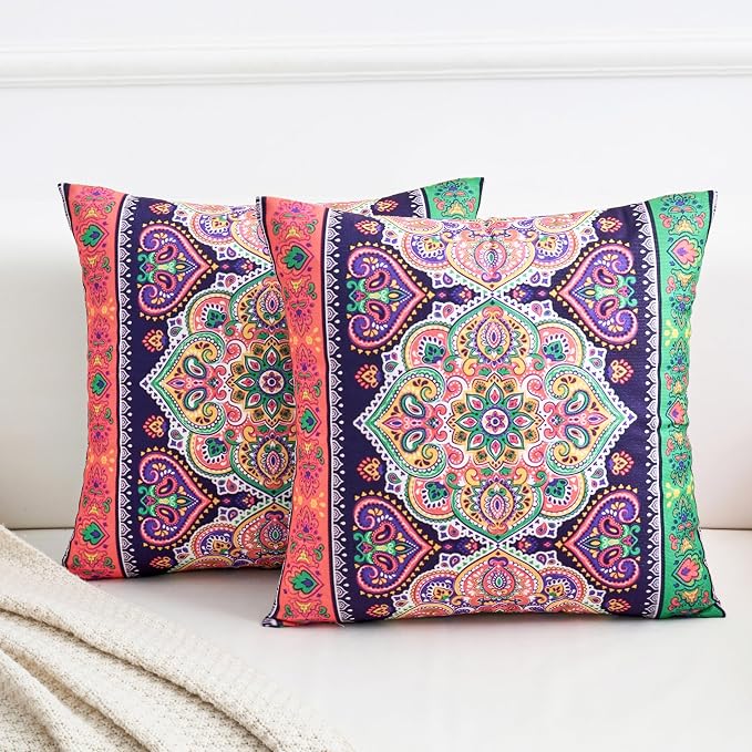 Ethnic Floral Pillow Covers 18x18 Set of 2 Boho Mandala Throw Pillows for Couch Vibrant Polyester Decorative Cushion Cases for Bedroom Living Room Patio Outdoor