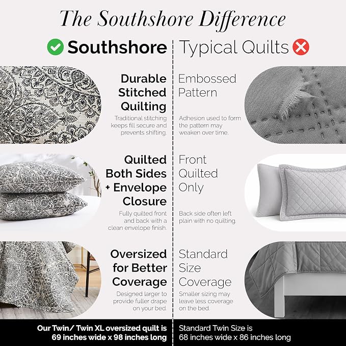 Southshore Fine Living, Inc. Ashanti Collection Oversized Quilt Twin Bedding Set Lightweight, Soft Coverlet Bedspread 2-Piece with one Matching sham (69 in Wide x 98 in Long), Twin/XL, Grey