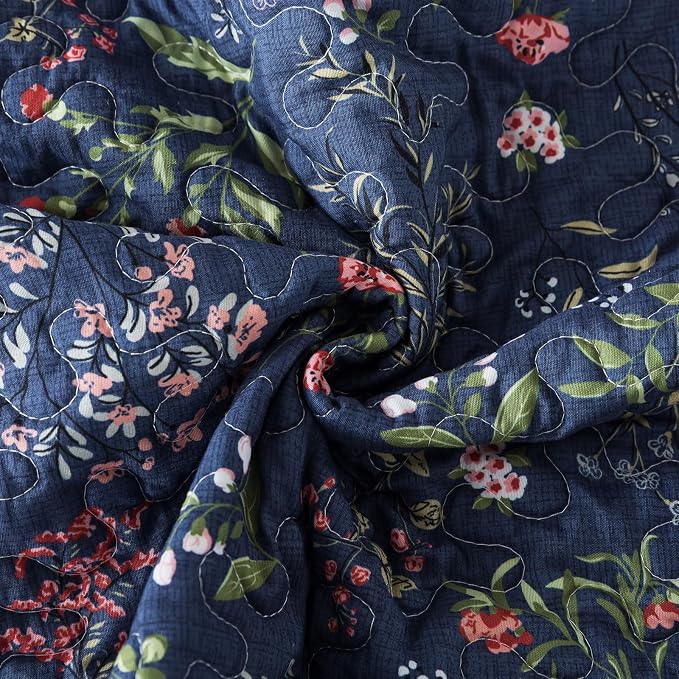 Travan 3-Piece Quilt Set Quilted Bedspread Lightweight Coverlet Set Garden Style Floral Printed Oversized Quilted Bedding Set for All Season, Blue Flower Sea, Queen Size