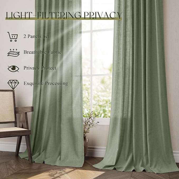 Jowels Desert Sage Linen Curtains 84 Inch Long 2 Panels for Living Room | Light Filtering Semi Sheer Curtain, Back Tab Pocket Pleated Look, Boho Farmhouse Textured Privacy Drapes for Bedroom Window