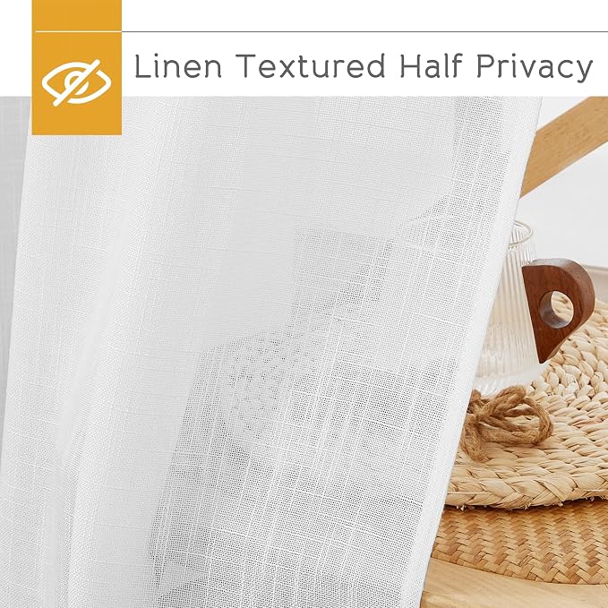 RYB HOME Sheer Linen Textured Curtains 95 inches Long for Patio Door | Semi Sheers Drapes Light Airy Fabric, Light Airy, Breathable Fabric, for Living Room Dining, White, W70 x L95, 2 Panels