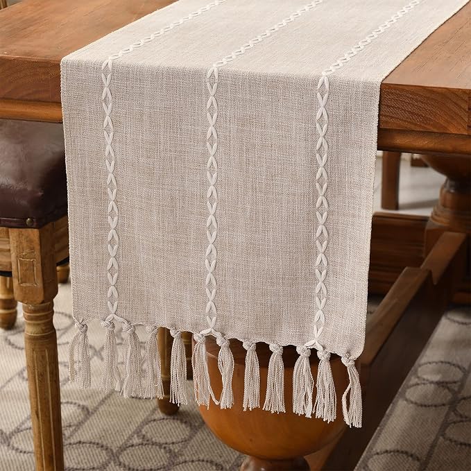 Wracra Rustic Linen Table Runner, Light Coffee Table Runners 90 inches Long | Raised Embroidered Design and Hand-Tassels;Cotton Linen Woven Fabric; Farmhouse Table Runner;Home Kitchen Dining Decor