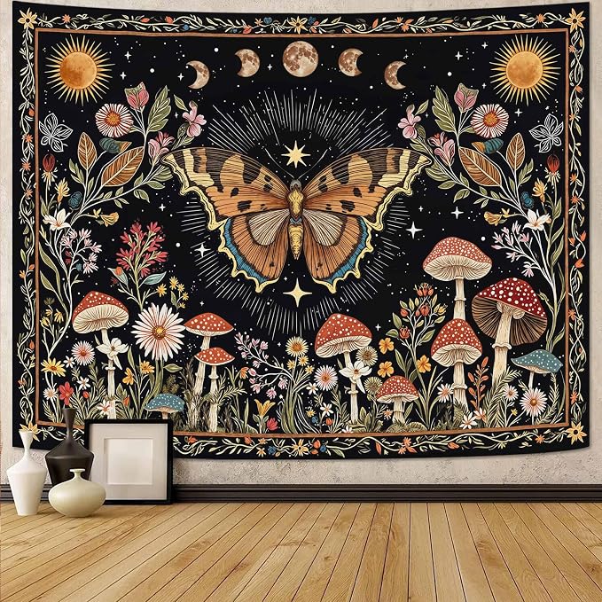 Accnicc Boho Butterfly Tapestry Mushroom Sun and Moon Hippie Wall Tapestry for Bedroom Aesthetic Vintage Floral Plant Large Tapestries Wall Hanging for Dorm Living Room Decor 80 x 60 Inch