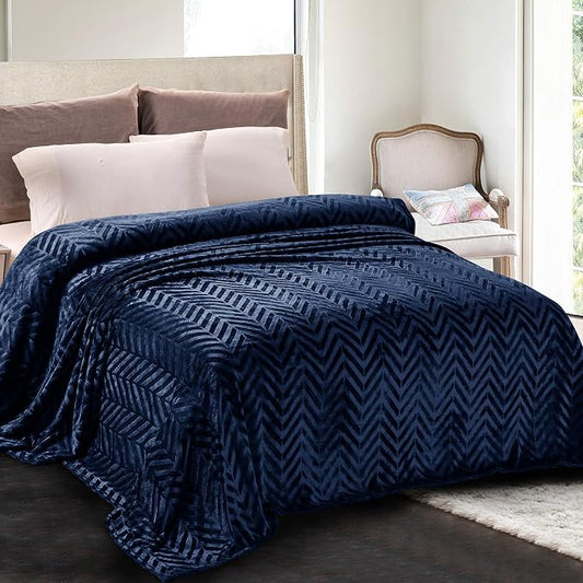 Whale Flotilla Flannel Fleece Bed Blanket Twin XL Size, Navy Blue | Lightweight Breathable Soft Bedspread, Plush Fluffy Coverlet Chevron Design Decorative Blanket for All Season, 90x66 Inch