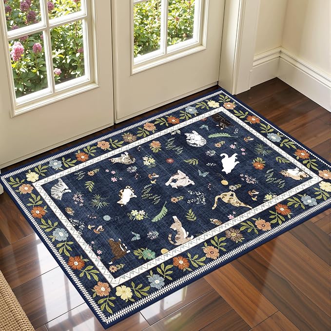AIMPEAK 2x3 Washable Door Mat - Non Slip Low Pile Cat Floral Boho Small Area Rug for Entryway, Kitchen, Front Door, Indoor Entrance, Kids Room Throw Rug Carpet, Navy Blue Multi