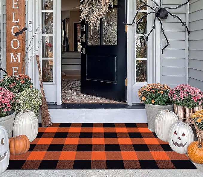 Orange and Black Door Mat Outdoor 27.5''x 43.3''Fall Layered Doormat Woven Washable Farmhouse Front Porch Rug for Hallween Mat,Entryway,Bedroom,Patio