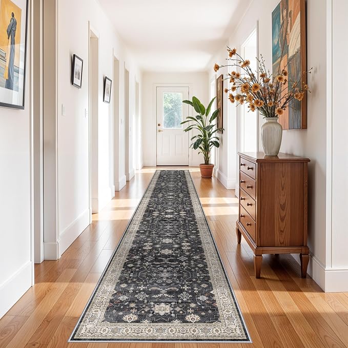3x20 Washable Hallway Runner Rug - Non-Slip Kitchen Rugs with Rubber Backing Vintage Low Pile Soft Thin Extra Long 20ft Carpet Runners for Indoor Entryway Living Room(Black/Multi,3x20)