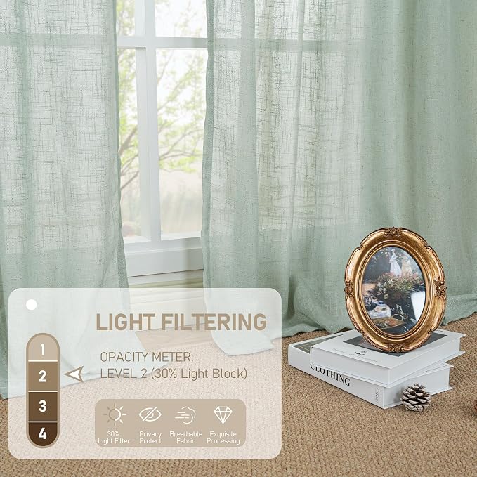 Living Room Linen Curtains 95 Inch for Bedroom, Semi Sheer Panels | Linen Textured, Light Filtering, Burlap Drapes for Farmhouse, Rod Pocket Back Tab, 2 Panels, 52 x 95 Inch, Light Sage