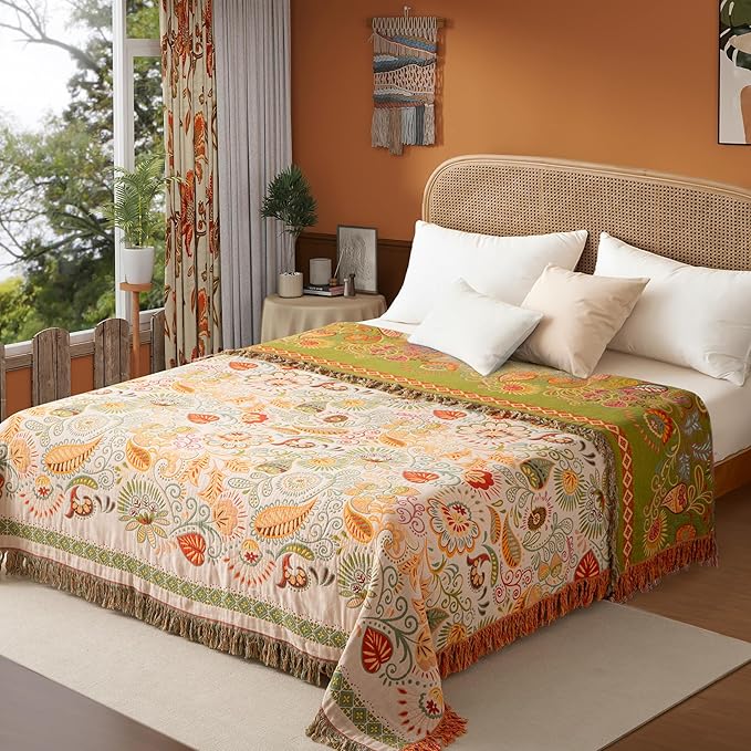 Phuryllic Boho Throw Blanket Twin Size, Soft Cozy Cotton Muslin Quilt Blanket for Bed Decor, Floral Patterned Couch Sofa Chair Cover, Vintage Farmhouse Cottage Tapestry Woven Blanket, Coral&Green