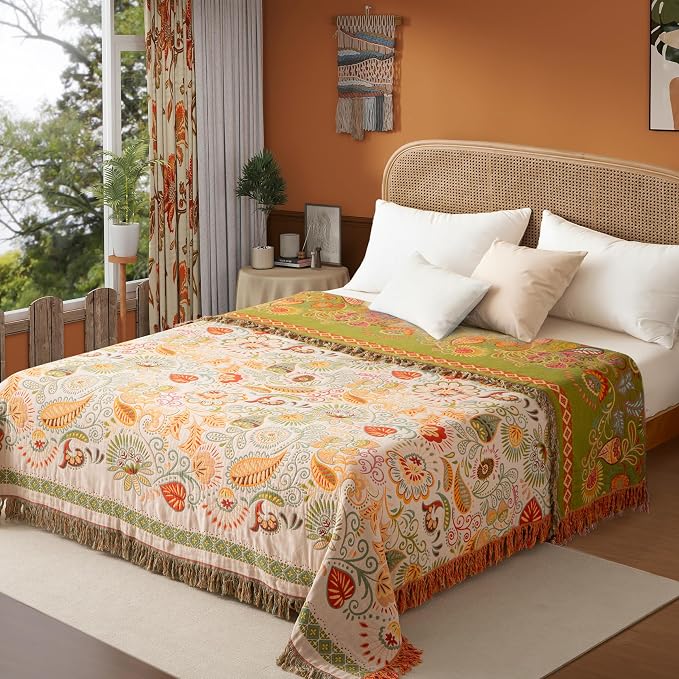 Phuryllic Boho Throw Blanket Full Size, Extra Large Soft Cozy Cotton Muslin Quilt Blanket for Bed Decor, Floral Patterned Couch Sofa Chair Cover, Vintage Farmhouse Cottage Woven Blanket, Coral&Green