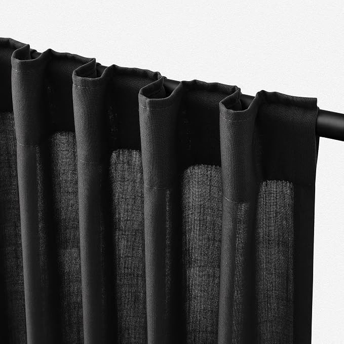 Jowels Black Linen Curtains 84 Inch Long 2 Panels for Living Room | Light Filtering Semi Sheer Curtain, Back Tab Pocket Pleated Look, Boho Farmhouse Textured Privacy Drapes for Bedroom Window