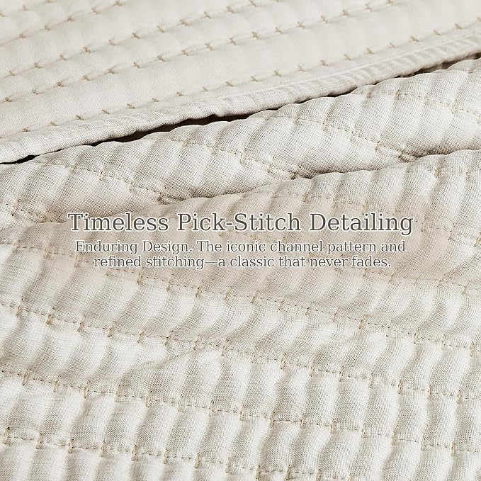 WDCOZY Beige Pick Stitch Twin Size Quilt Set, Striped Lightweight Soft Summer Spring Bedspread, Bamboo Linen Like Textured Coverlet, Chambray Farmhouse Country Rustic Bedding, Netural Thin Comforter