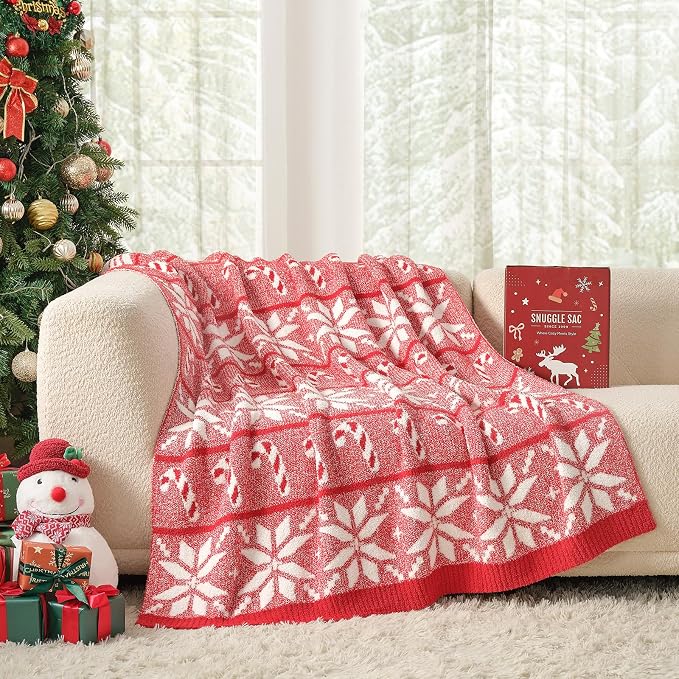 Snuggle Sac Christmas Snowflake Throw Blanket for Couch 50x60 inches, Ultra Soft Cozy Fuzzy Gift Throws, Reversible Fluffy Warm Decorative Blankets for Couch, Sofa and Bed for Xmas