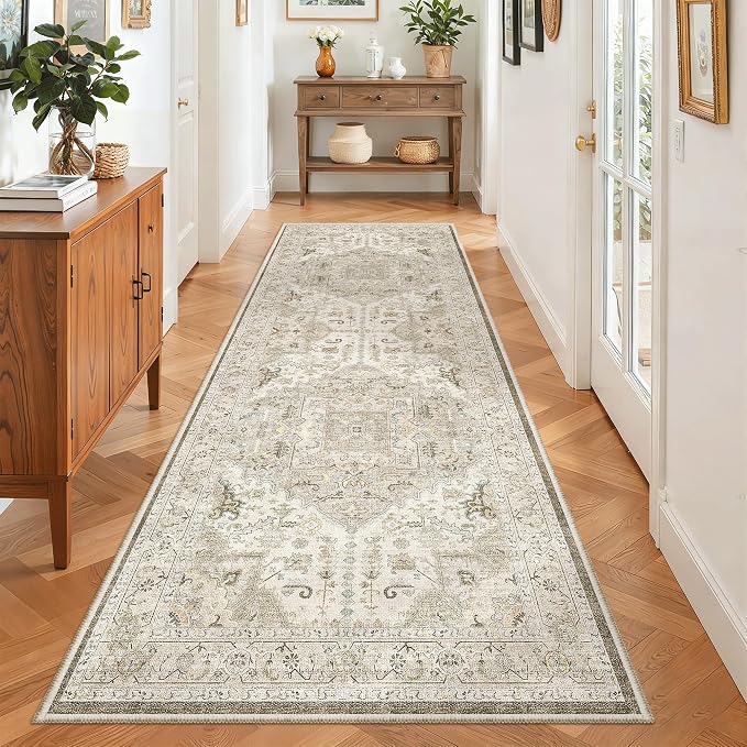 Madane Hallway Runner 3x8, Kitchen Rugs Washable Entry Rug, Ivory/Brown | Vintage Non Slip Entryway Indoor Area Rugs, Soft Low-Pile Farmhouse Wide Carpet Runners for Bathroom Living Room Bedroom