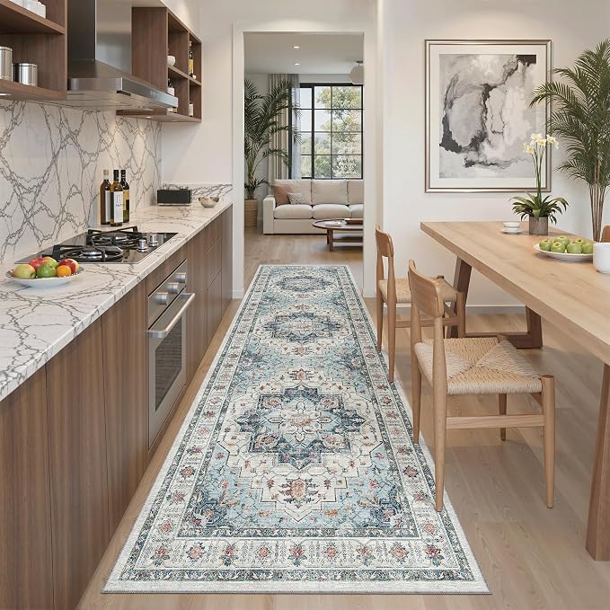 Madane Kitchen Runner 2'6''x8' Soft Rug Runners for Hallways, Blue | Vintage Machine Washable Rugs 2.5x8 Ft, Non-Slip Low Pile Stain-Resistant 8ft Floor Carpet for Laundry Room, Corridor