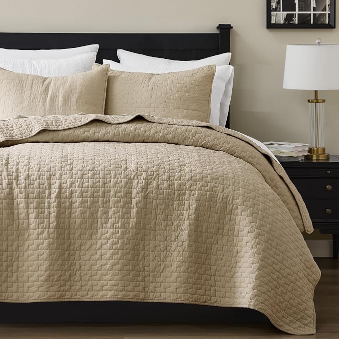 palassio Dark Beige 100% Cotton Quilt Twin Size Bedding Sets with 1 Pillow Sham, Textured Lightweight Soft Bedspread Shabby Chic Coverlet, Quilted Comforter Bed Cover for All Season, 2 Pieces